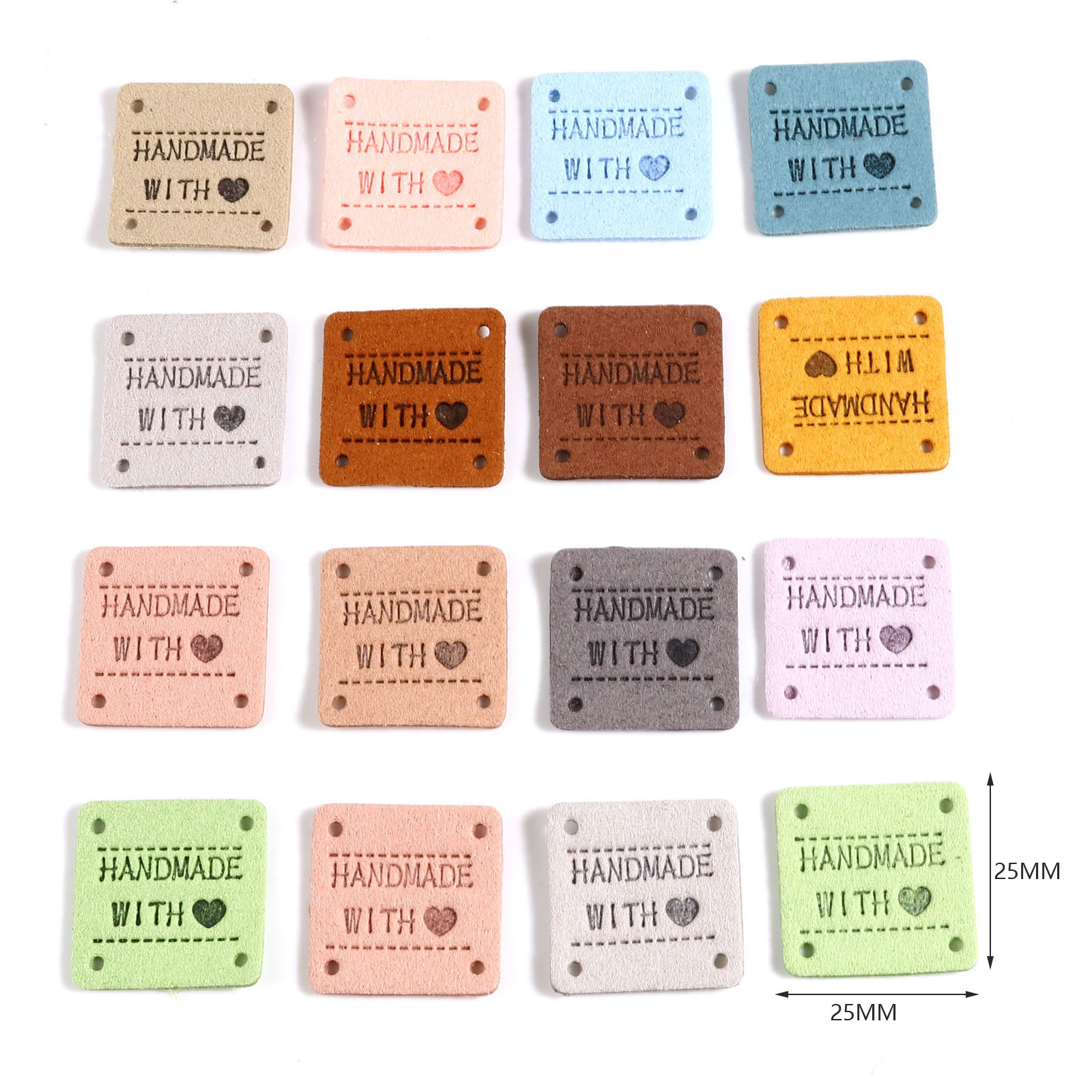 20 sztuk ręcznie wykonane z miłością odzież tłoczone etykiety sztuczny zamsz Lether etykiety tagi plac do szycia odzieży Knitting Tag 25x25mm