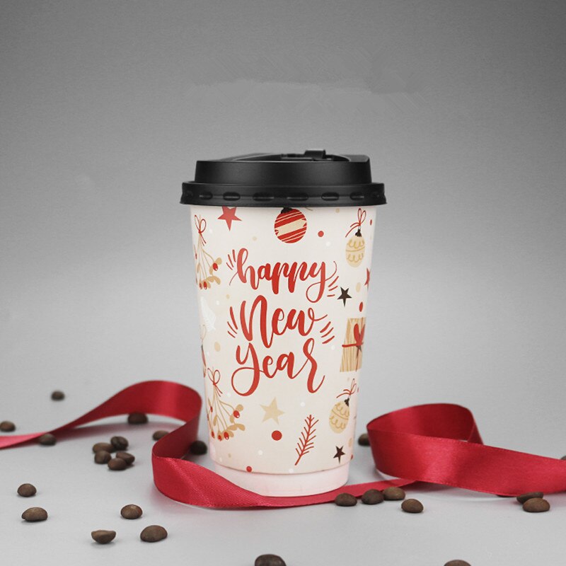 50 Pcs Christmas Party Favor Drink Dikke Dubbele Laag Papier Cup Anti-Brandwonden Wegwerp Koffie Cup Takeaway Pakket met Deksel