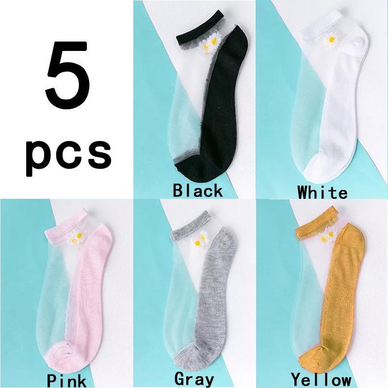 Calcetines de malla ultrafinos para mujer, medias transparentes de seda y fibra de vidrio, tobilleras, margaritas y flores, Sexy, 5 par/lote: Style 2