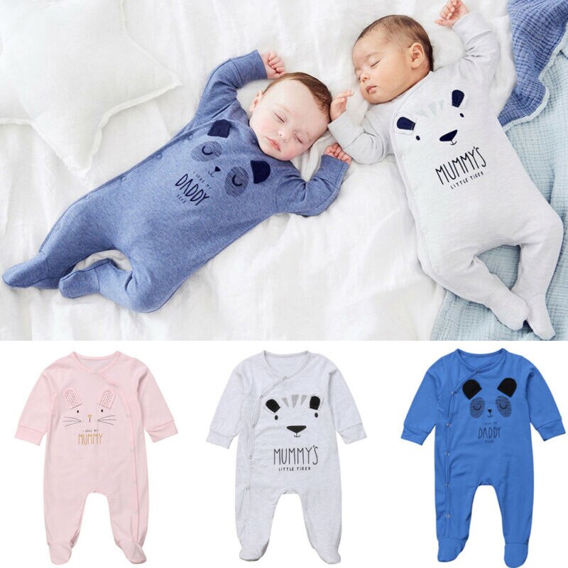 Spedbarn tegneserie bjørn babyklær jente og takrenne langermet pappa mamma baby bukse babygrow sovedress baby bukse 0-18 måneder