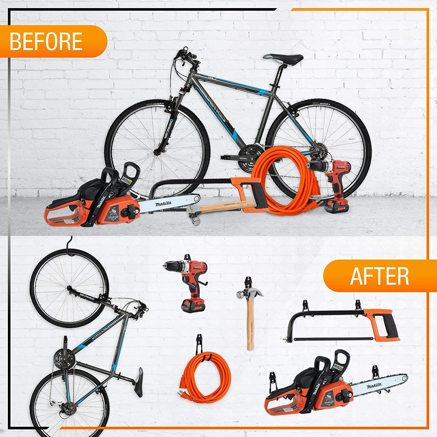 Soporte para bicicleta, gancho de montaje en pared para bicicleta, soporte de estacionamiento para herramientas colgantes, organizador de herramientas de almacenamiento de almacén, accesorios para bicicleta