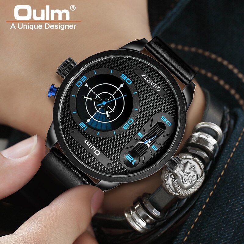 Oulm 3221B Grote Wijzerplaat Mannen Sport Horloges Luxe Mannelijke Quartz Klok Twee Tijdzone Lederen Band Horloge