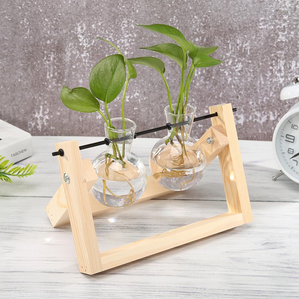 Glas En Hout Vaas Planter Terrarium Tafel Desktop Hydrocultuur Lade Home Decor Plant Bonsai Bloempot Opknoping Potten Met Houten: Bruin