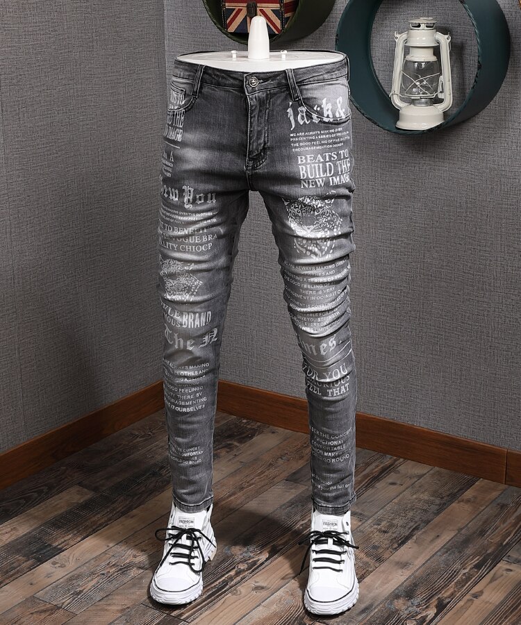 Herfst zwart grijze jeans heren slim-fit stretch strakke skinny broek koreaanse stijl trendy merk gewassen bedrukte heren denim jeans