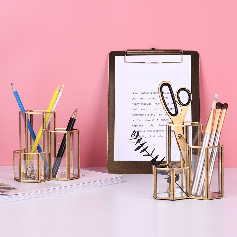 Glass Copper Hexagon Composite Pen Holder Makeup Brush Glass Box Multifunction Desktop Organizer Office Accessories