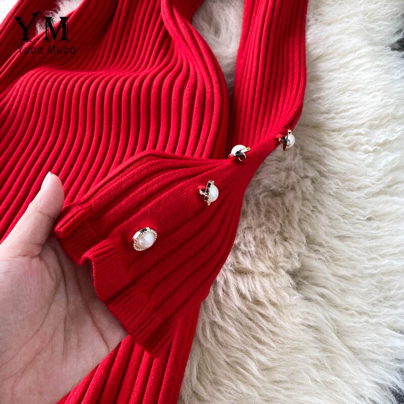 Yuoomuoo Vrouwen Gebreide Lange Jurk Herfst Winter Slanke Lange Mouwen Omzoomd Dames Jurken Elegante Partij Vrouwelijke Rode Trui Jurk