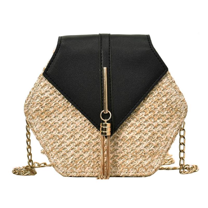 hexagone Mulit Style paille + sac en cuir synthétique polyuréthane sacs à main femmes sac d'été femmes haut-poignée à la main été sac de plage bolsa feminina: Black