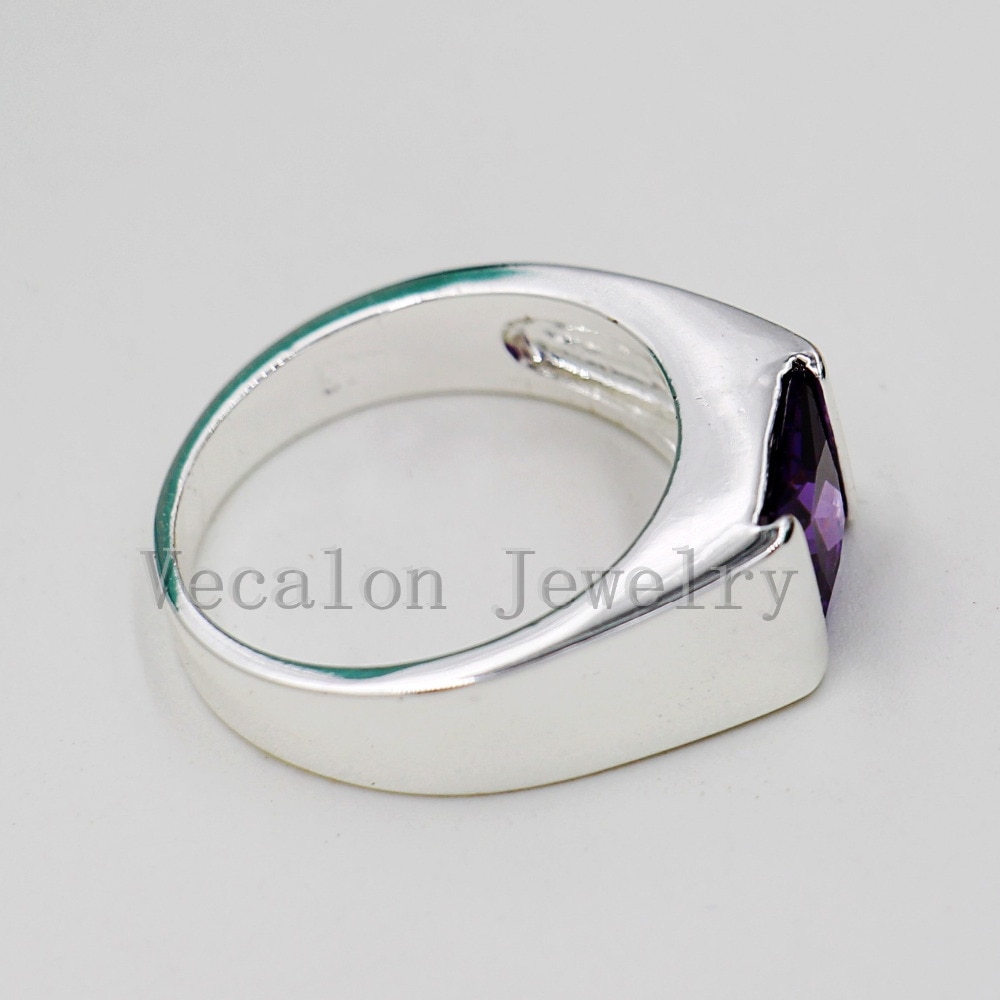 Vecalon Male Jewelry Princess Cut 4ct purple Cz 925 Sterling Silver Engagement wedding Band ring for Men Sz 8-12