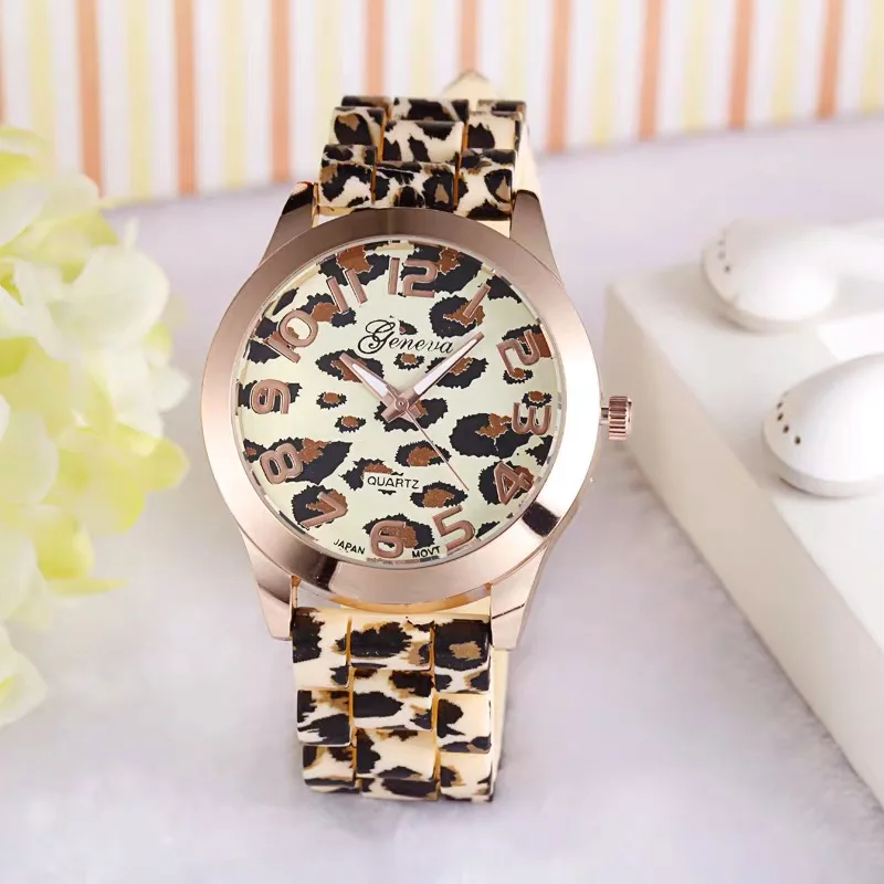 Reloj Geneva con estampado de leopardo, reloj de silicona, nueva 2023, reloj informal para estudiantes, Color con estampado de leopardo, cuarzo
