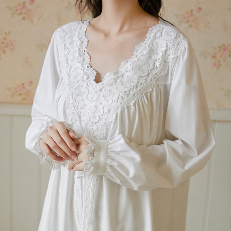 Victoriaanse Katoen Nacht Jurk Vrouwen Herfst Witte Lange Peignoir Grote Maat Vintage Robe Gown Romantische Nachtjapon Prinses Nachtkleding: L