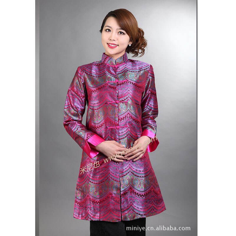 Chinese Traditional Costume Women's Silk Satin Long Jacket Coat Size: M -3XL: rose red / XXL