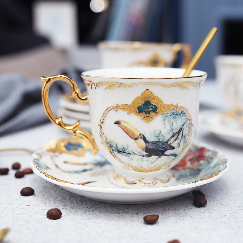 Ceramic coffee cup set jungle animal saucer bird monkey shape gold bone China tea