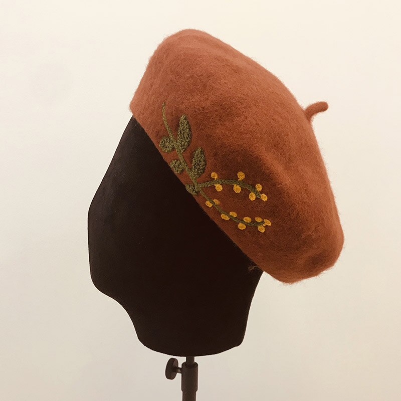 Klassieke Gebreide Warme Zachte Winter Baretten Geborduurde Bladeren Bloem Vrouwen Hoeden Wol Beanie Hoed Dames Franse Hoed 9 kleur