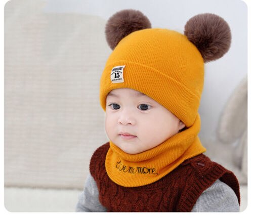 Vinter varme børn hatte sæt kid dobbelt pels pom pom beanie uld strikket hat til baby drenge piger toddler hæklede beanies tørklæder: Gul