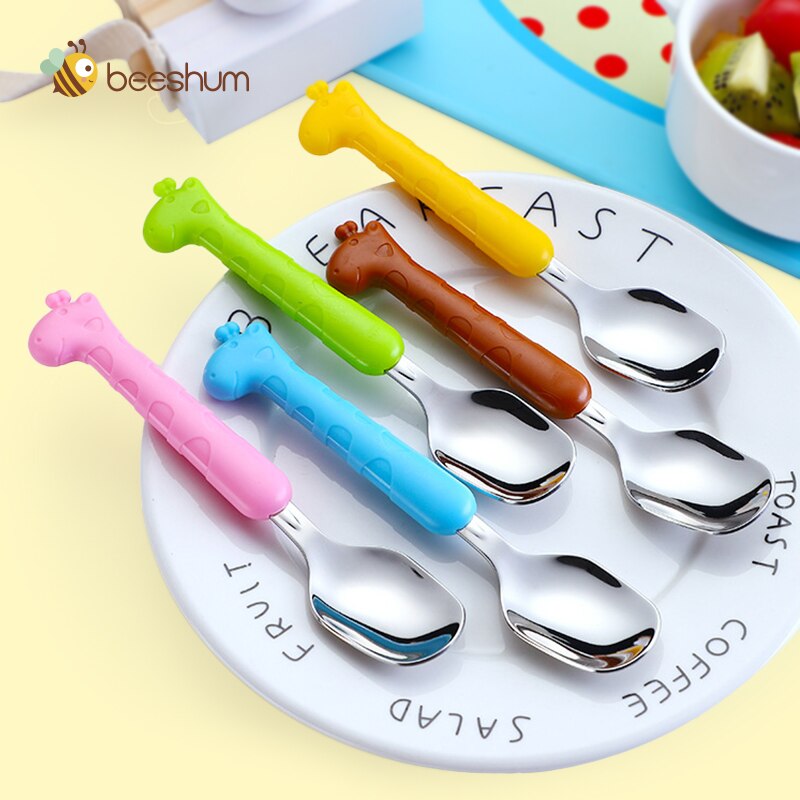 Beeshum Infant Feeding Spoon Fork Baby Gadgets Tableware Set Children Cartoon Utensil Stainless Steel Toddler Dinnerware Cutlery