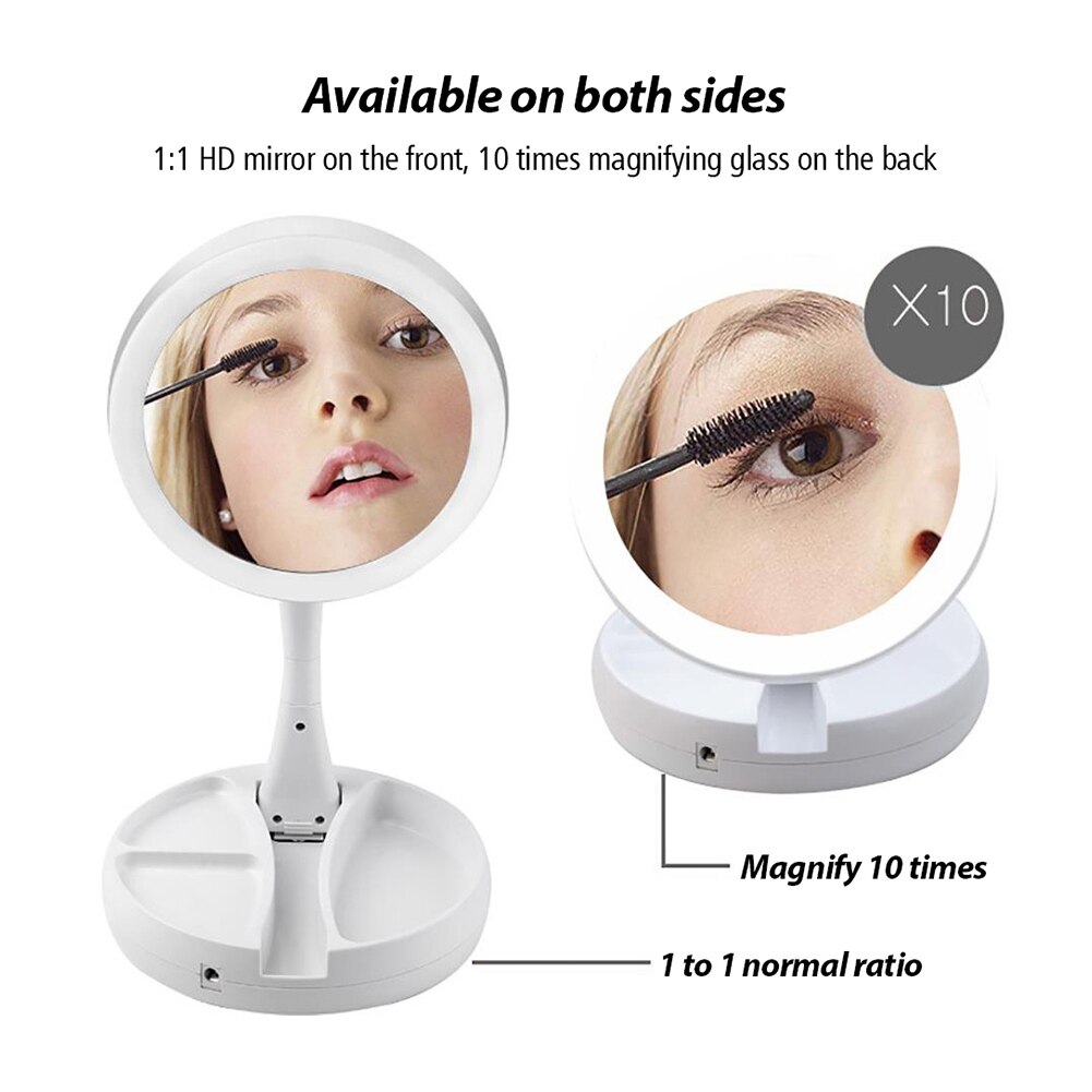 Foldable Makeup Mirror With LED Light 1X10X Magnifying Double-Sided Mirrors USB Charging or Battery Dressing Table Mirror espejo