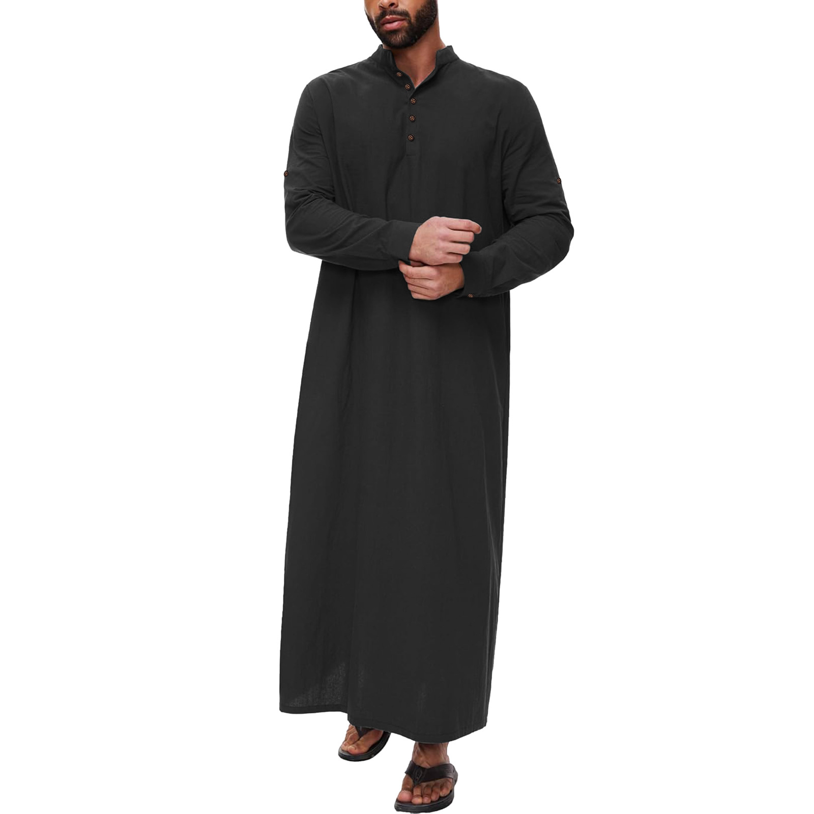 Arabisch Katoen Linnen Lange heren Abaya Moslim Zakken Jubba Thobe Islamitische Donderdag Effen Kleur Volwassen Gewaad Musulmans Homme S-XXXL: S / Black