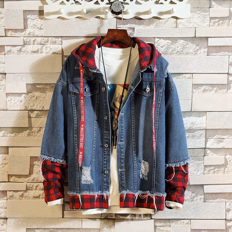Blue Denim Jacket Men Autumn Slim Fit Hooded Ripped Jean Jacket Coat Hip Hop Streetwear Patchwork Outfit