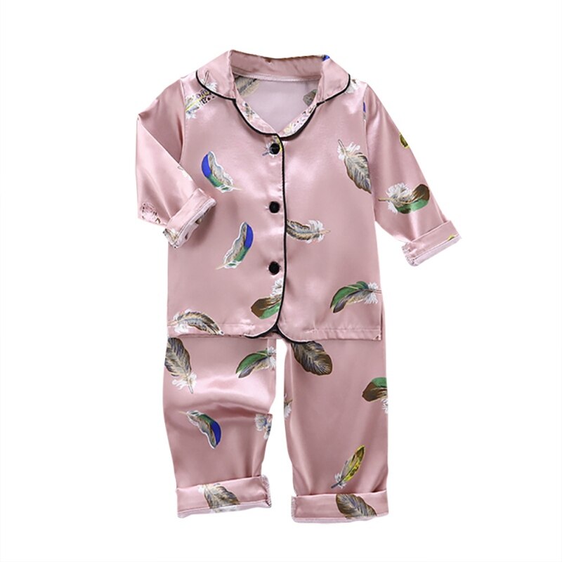 Style Children Cotton Long Sleeve Pajamas Suits Girls Boys Feather Print Sleepwear Set Blouse Tops Sleep Pants: P / 5T