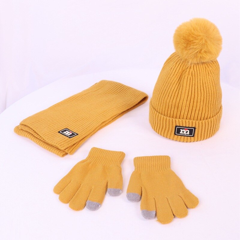 Børns vinter / efterår uld tredelt sweater cap til drenge og piger strikket varm hat tørklæde handsker sæt: Tredelt gul