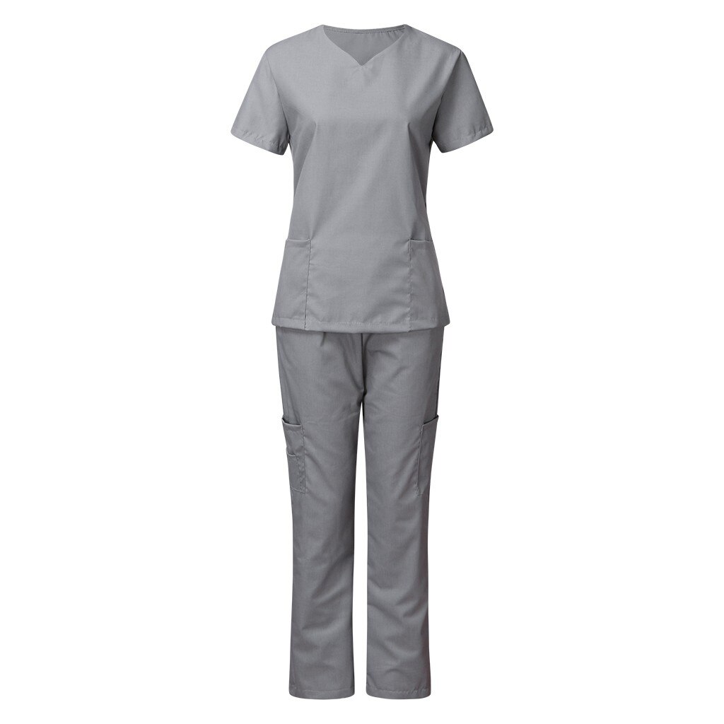 neue heiße Männer & Frauen krankenschwester uniform Kurzarm V-ausschnitt Tops + Hosen Pflege Arbeits Uniform Set Anzug krankenschwester zubehör: Grau / L