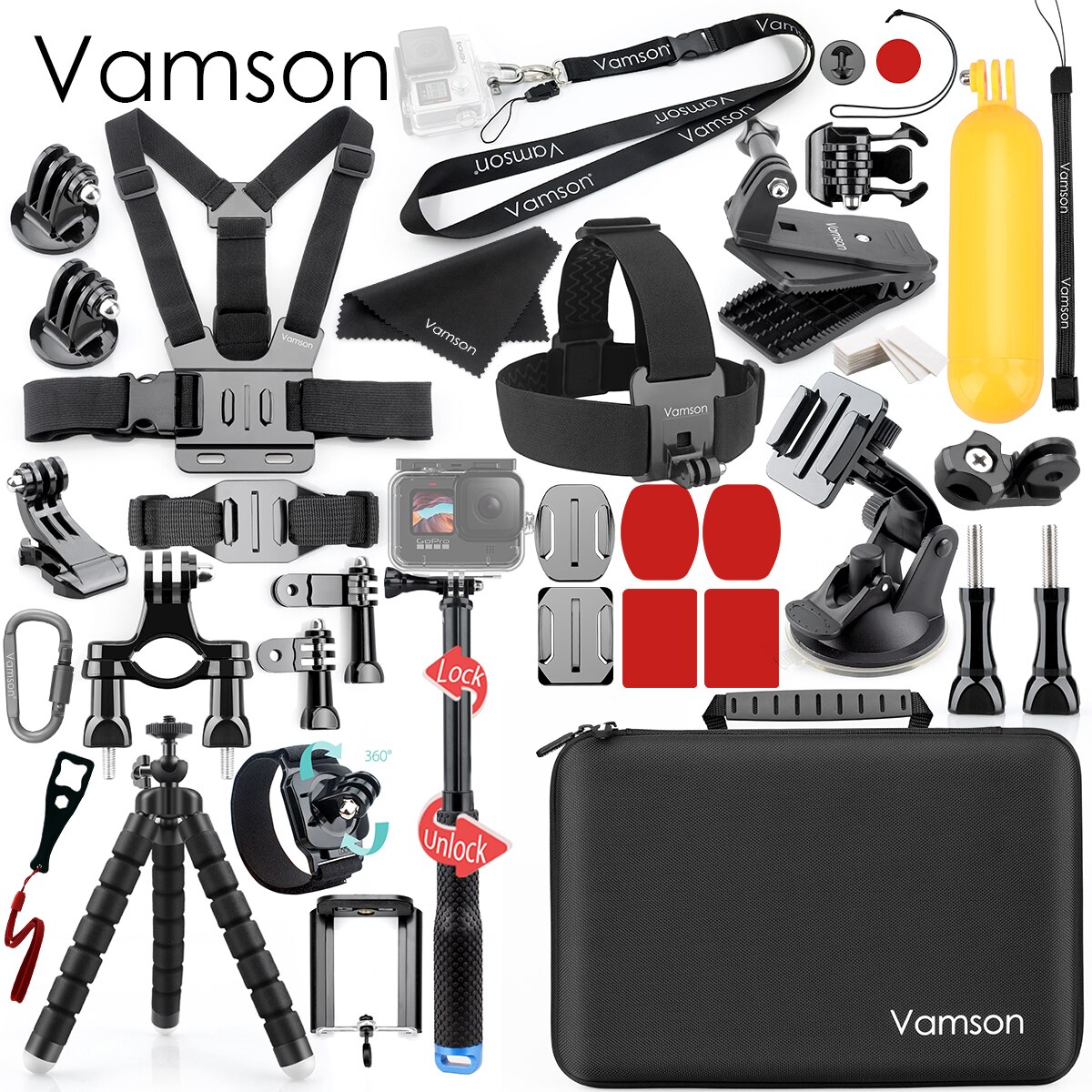 Vamson for DJI OSMO Action Camera Accessories for go pro Hero 10 9 8 7 6 5 Tripod Head Chest Strap for Xiaomi Yi4K insta360 VS22: Red Color