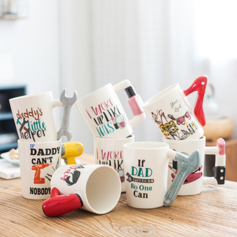 Couples Hand Painted Ceramic Mugs Girl Tools Beauty Kit Handle Tea Coffee Mug Hair Dryer Brush Handle Mug Tea Cup