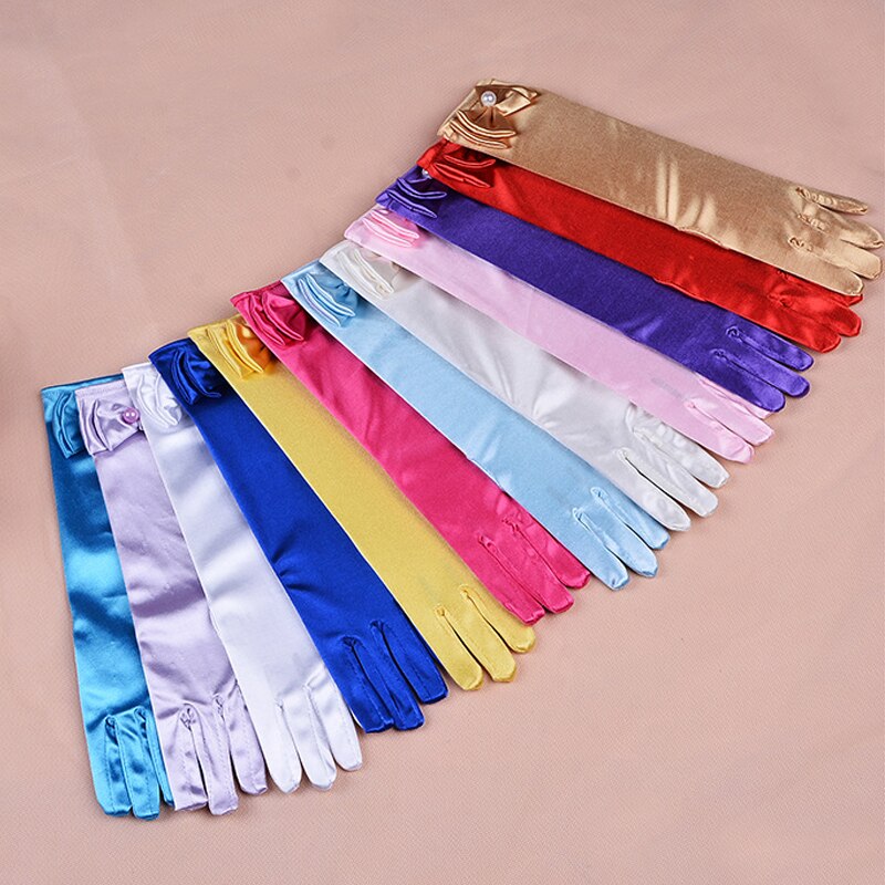 neue handschuhe für mädchen Lange prinzessin handschuhe mädchen hochzeit kleid handschuh bogen kostüm zubehör Satin- handschuhe geburtstag blau