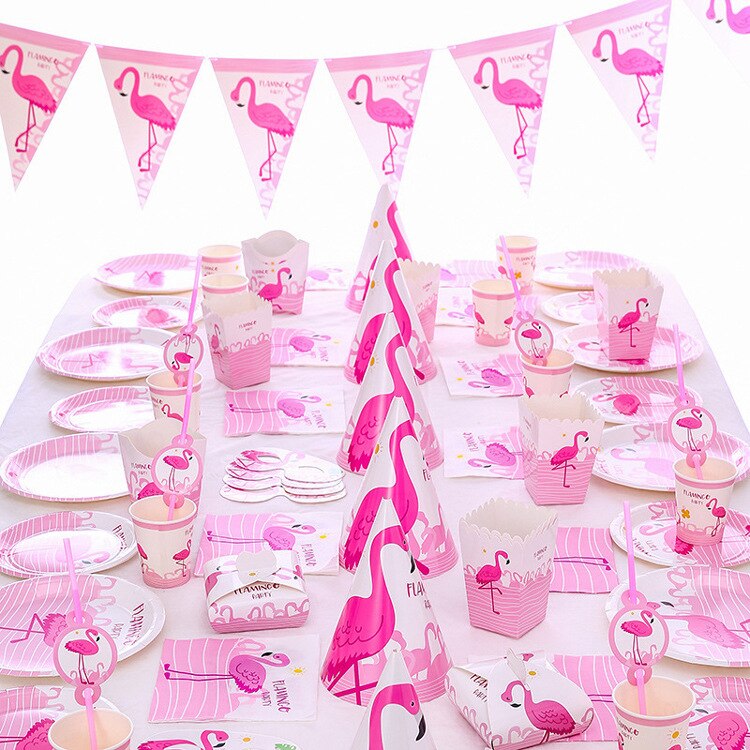 Juego de vajilla desechable de flamenco rosa para niños y niñas, servilletas, vasos, servilletas, decoración de feliz cumpleaños