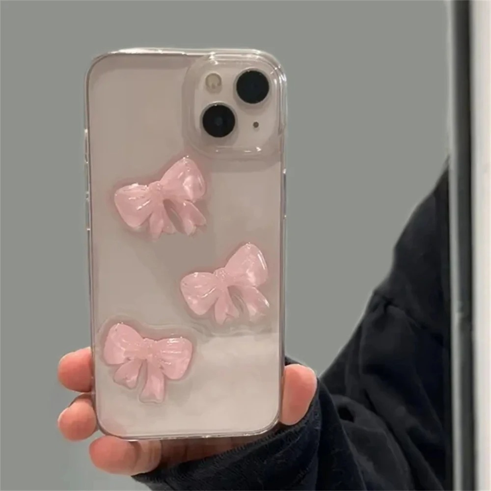 Bonita funda de teléfono con lazo rosa 3D para iPhone 16 Pro Max 15 14 13 12 11 Pro 7 8 Plus X XS XR SE2, carcasa epoxi para chica, funda suave transparente