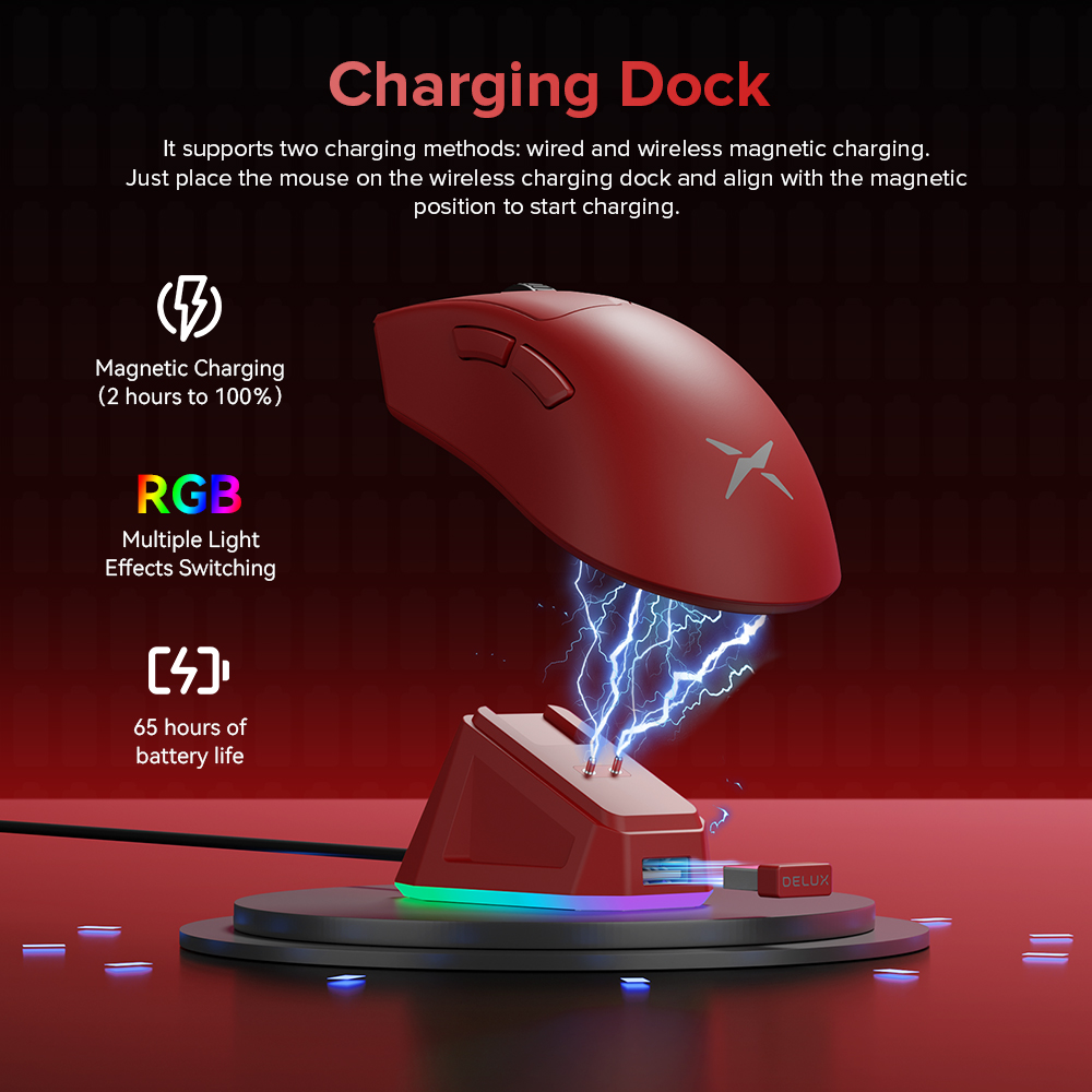Delux m900 pro mouse para jogos sem fio ergonômico 8k taxa de pesquisa paw3395 bk3633 63g rgb doca de carregamento para mão grande direita pc laptop