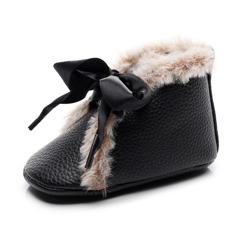 -né bébé bottes en simili cuir polyuréthane hiver anti-dérapant velours premiers marcheurs filles garçons doux semelles chaussons enfant en bas âge Bowknot à lacets chaussures