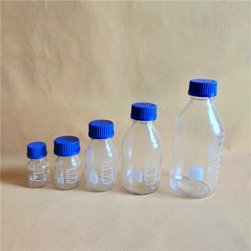 100ML Reagent Bottle,graduated storage bottles with GL45 blue screw-cap,clear glass bottle