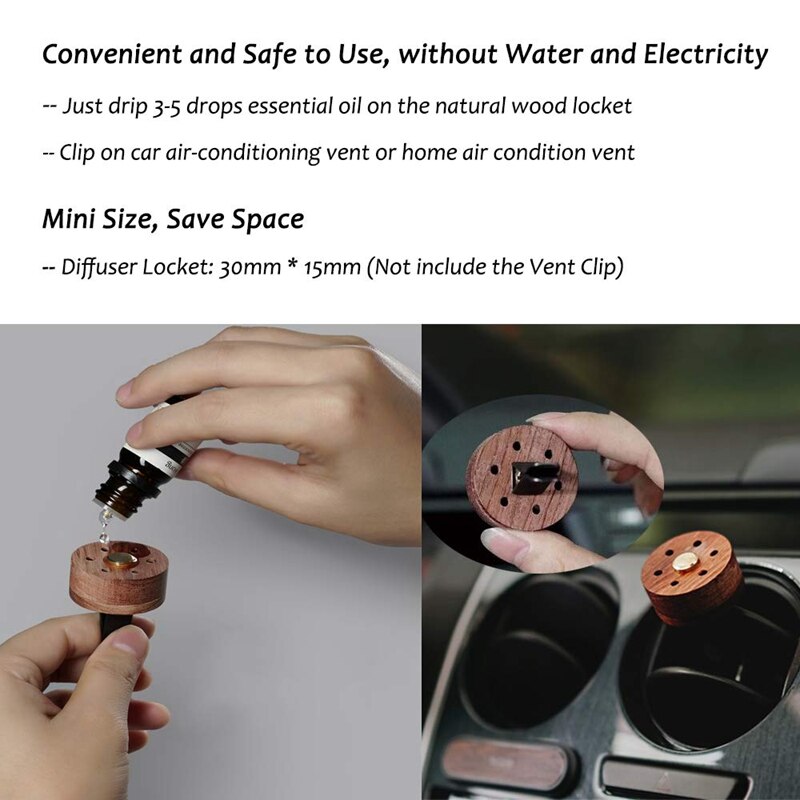 Essential Oil Diffuser For Car With Vent Clip, Wooden Stainless Steel Lava Stone Aromatherapy Diffuser Locket Mini Air Freshener