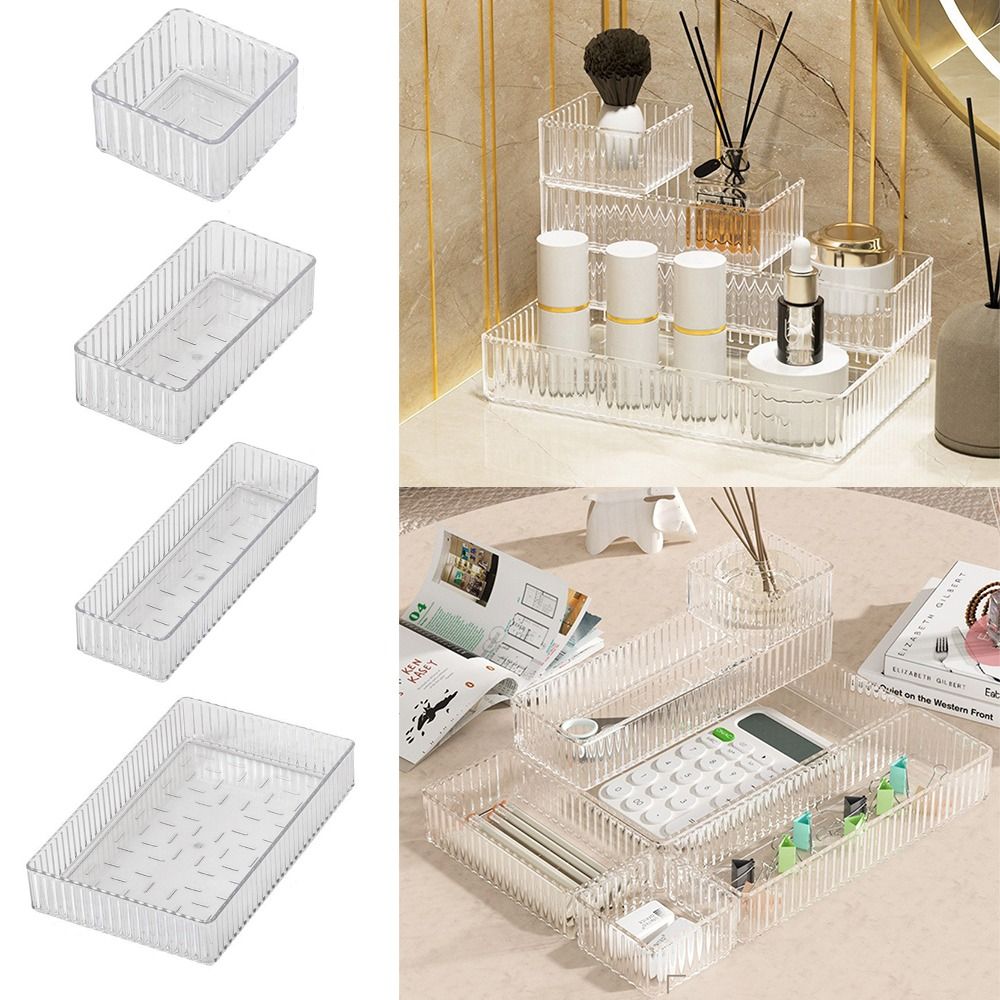Organisateurs de tiroirs de bureau simples S/M/L/XL, boîte de rangement rectangulaire transparente, conteneur de papeterie en plastique illimité pour le bureau et la maison