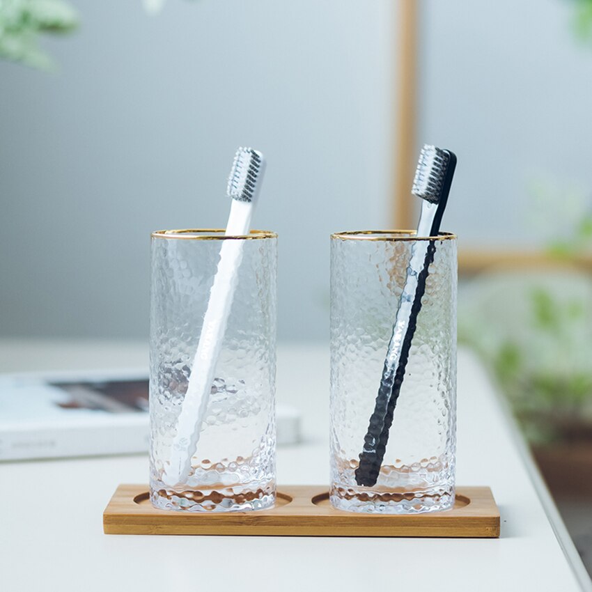 Gold Rim Bathroom Tumblers Toothbrush Holder Cup Transparent Glass Couple Brushing Cup Hotel Home Supplies Multi-function