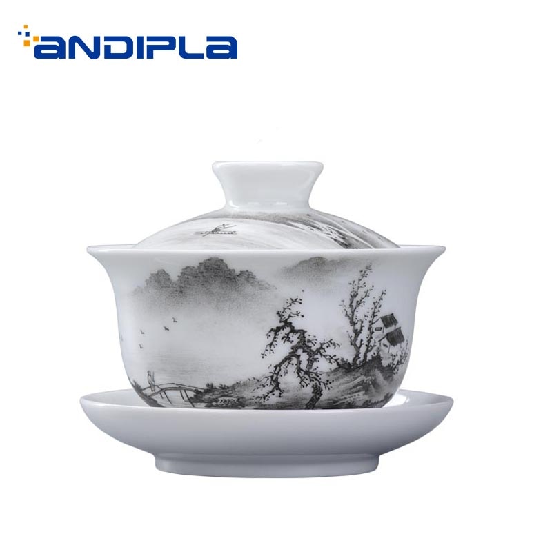 140 ml Jingdezhen Gaiwan Hand Geschilderd Landschap Patroon Porselein Drinkware Master Thee Kom Theeceremonie Decoratie Collectie