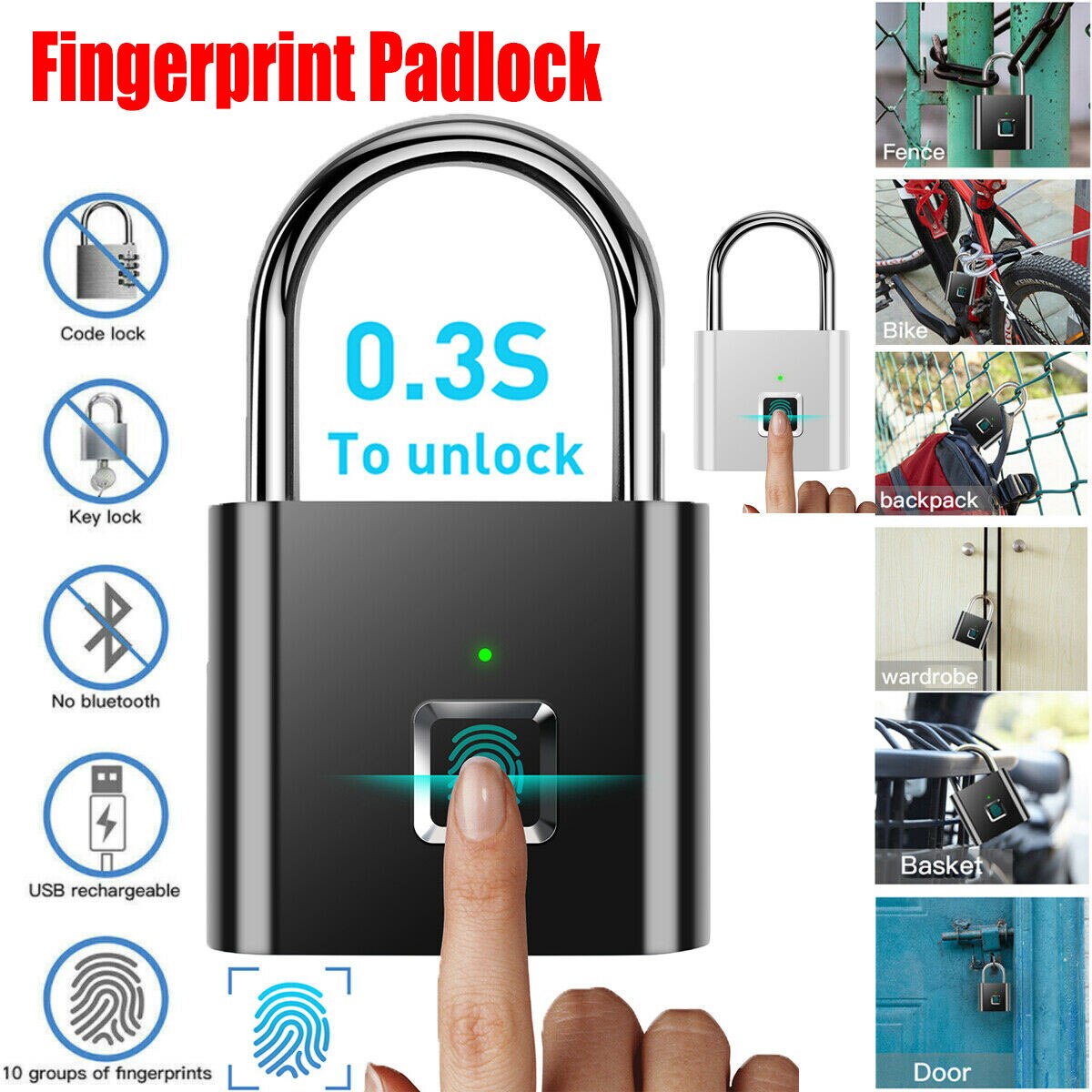 Zinc Alloy Fingerprint Padlock Smart Bluetooth Rechargeable Door Lock Fingerprint Lock Anti-Theft Keyless Security Padlock