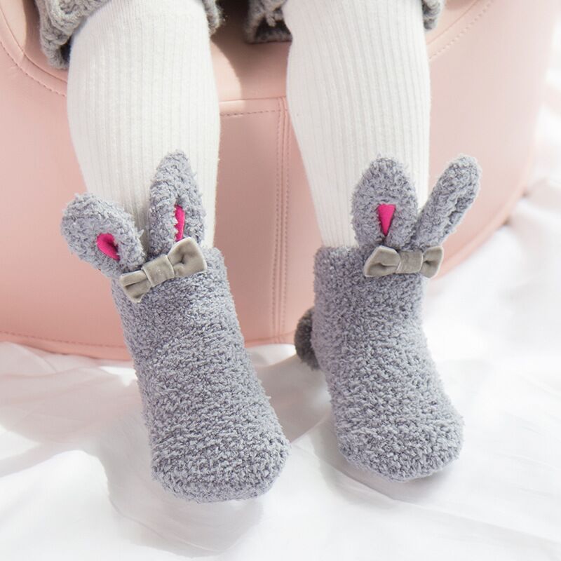 Coral Fleece Baby Meisje Sokken Leuke Konijn Kinderen Sokken Met Bogen Winter Anti-Slip Infant Toddler Kids Indoor Vloer sokken 1-3Y: gray / 1-3Y