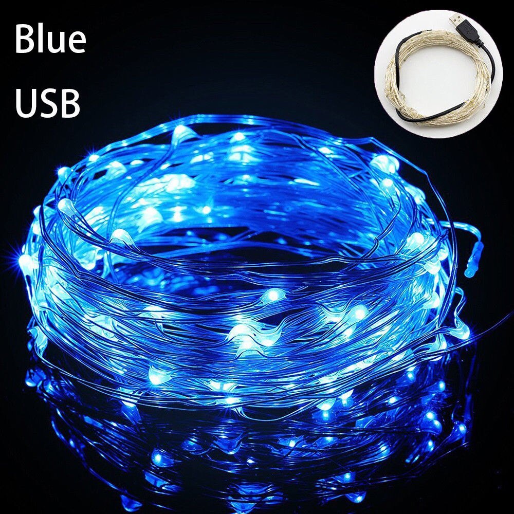 Guirlande lumineuse LED féerique en fil d'argent, 1M/5M/10M, pour noël, chambre à coucher, maison, mariage, nouvel an, décor, alimenté par USB: blue / 1M 10LEDS
