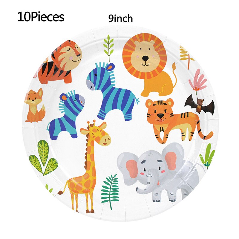 Vajilla desechable de animales de la selva, decoración para de cumpleaños, Safari, Zoo, león, elefante, suministros para Baby Shower: B02-10Pieces
