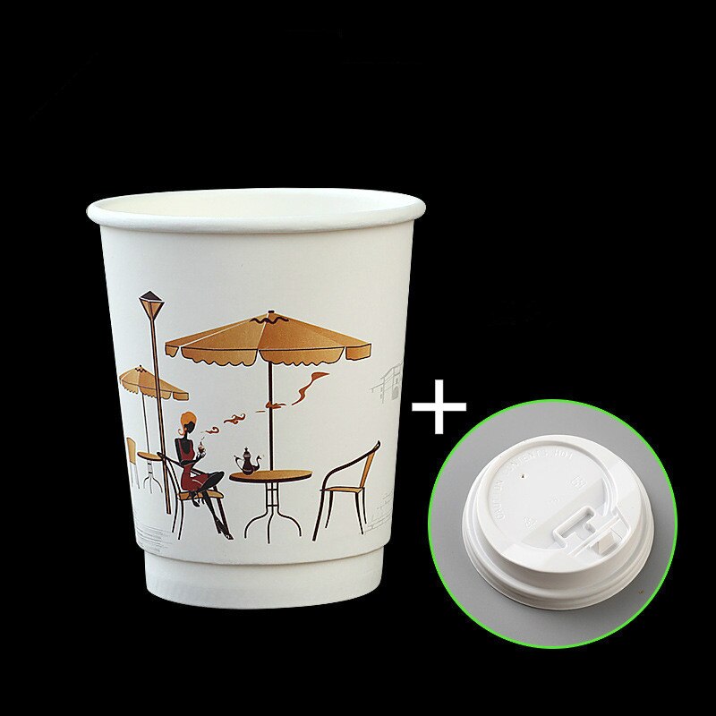 50 st förtjockad pappersmugg 12 uns kaffekoppar för engångsbruk vit engångsmugg förpackning dryckesmugg med lock: Kopp och vitt lock / 300ml 8oz 50 st