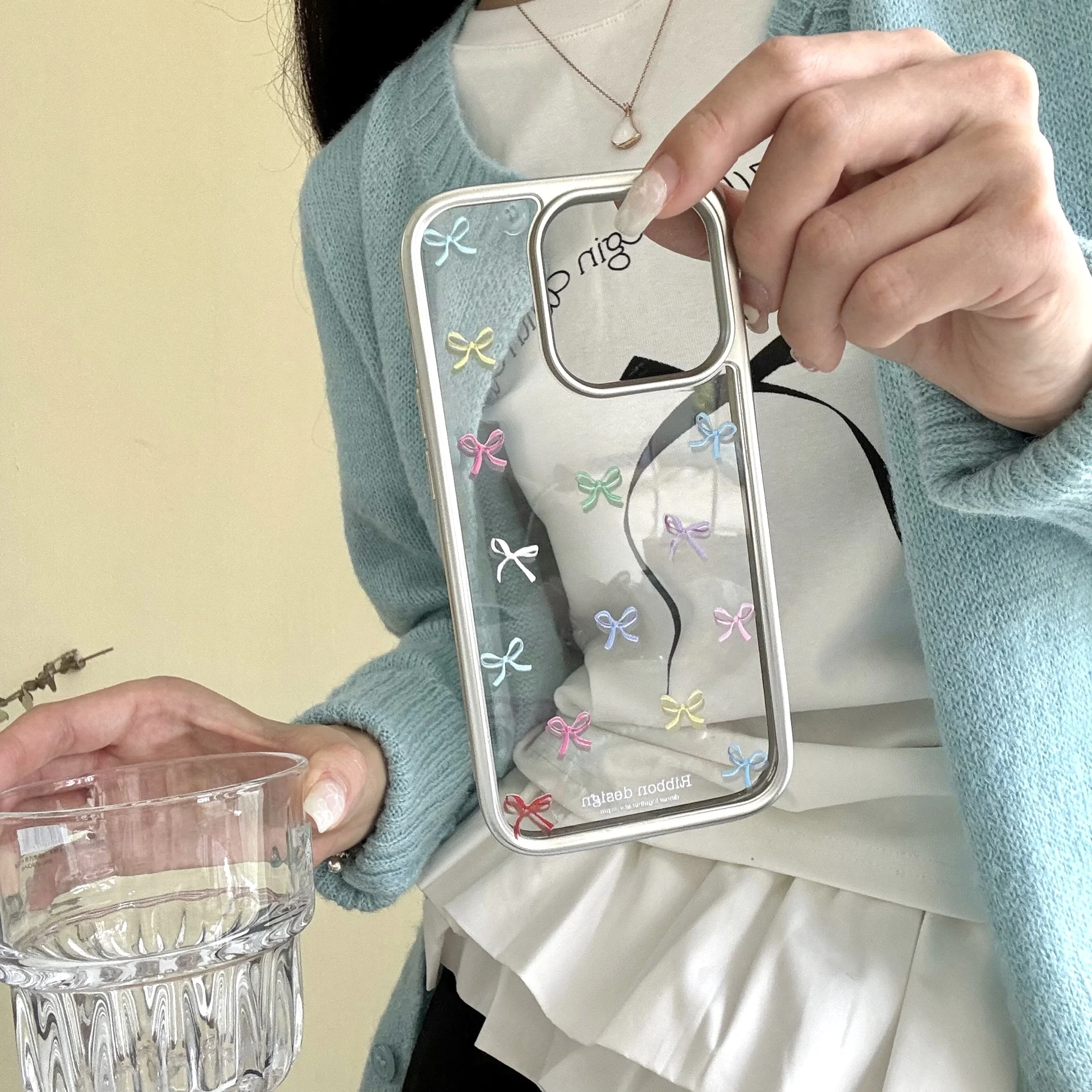 Funda plateada con forma de perla y lazo para IPhone 15, 14, 13, 12 Pro Max, protección IPhone15, bonita funda transparente a prueba de golpes a la , Corea INS