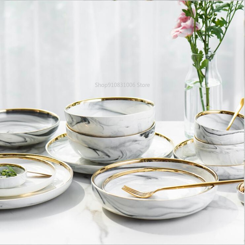 Golden marble plate set ceramic kitchen utensils salad noodle bowl soup dinner set plates and dishes ceramic bowl
