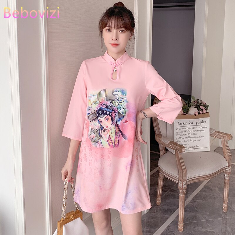 Qipao-vestido de talla grande de M-4XL para mujer, ropa china tradicional, rosa, holgada, moderna, de manga corta, para Año ,