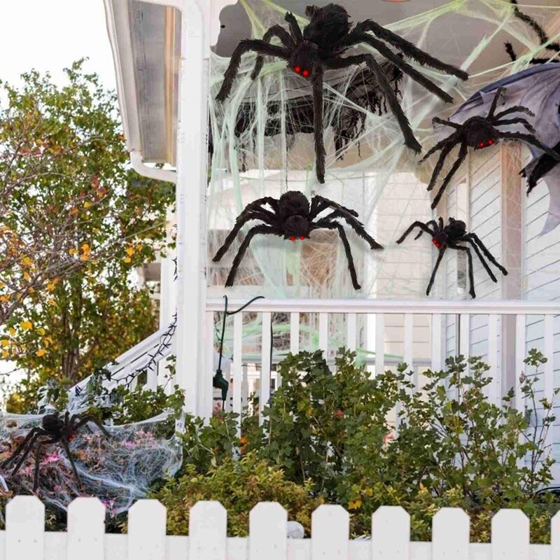 6 Pcs Halloween Spider Decoraties Met Rode Ogen, Giant Enge Halloween Rekwisieten, Realistische Harige Spinnen Set
