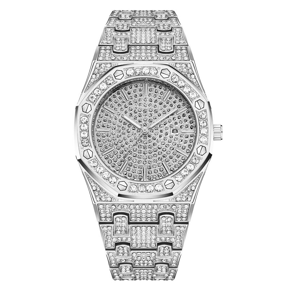 Reloj de pulsera con diamantes de acero dorado para hombre, cronógrafo masculino de de lujo, estilo Hip Hop,: Silver