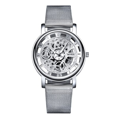 Soxy deluxe holle klok herenhorloge quartz roestvrijstalen band klok reloj hombre herenhorloges relogio masculino: Zilver