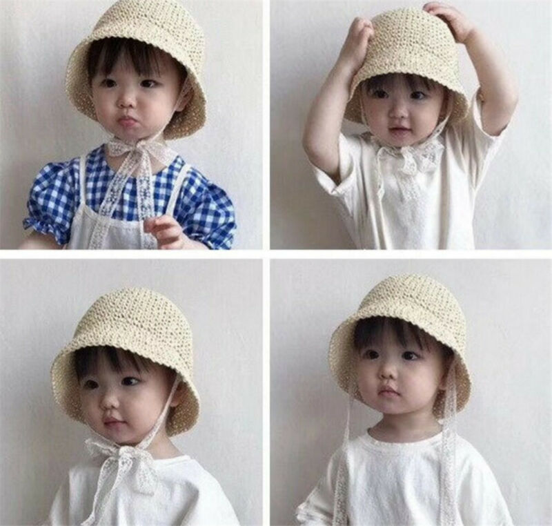 Barn spädbarn baby flicka solhatt prinsessa spets halm solhatt hink hatt sommar strand avslappnad fashon fest hatt