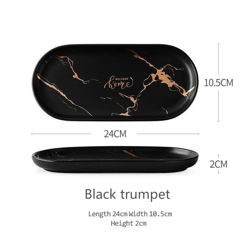 Plato ovalado largo para postres, aperitivos y pasteles, pastelería, plato de comida occidental, plato de cerámica de mármol nórdico para desayuno, accesorios Ableware: Black Trumpet